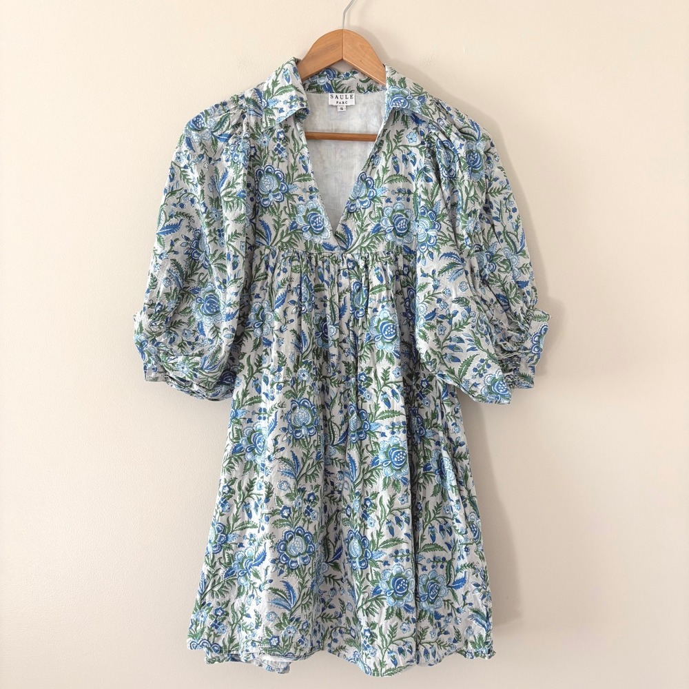 Saule Parc Dress Market Garden S Blue Floral Print Boho Puff Sleeve Mini
